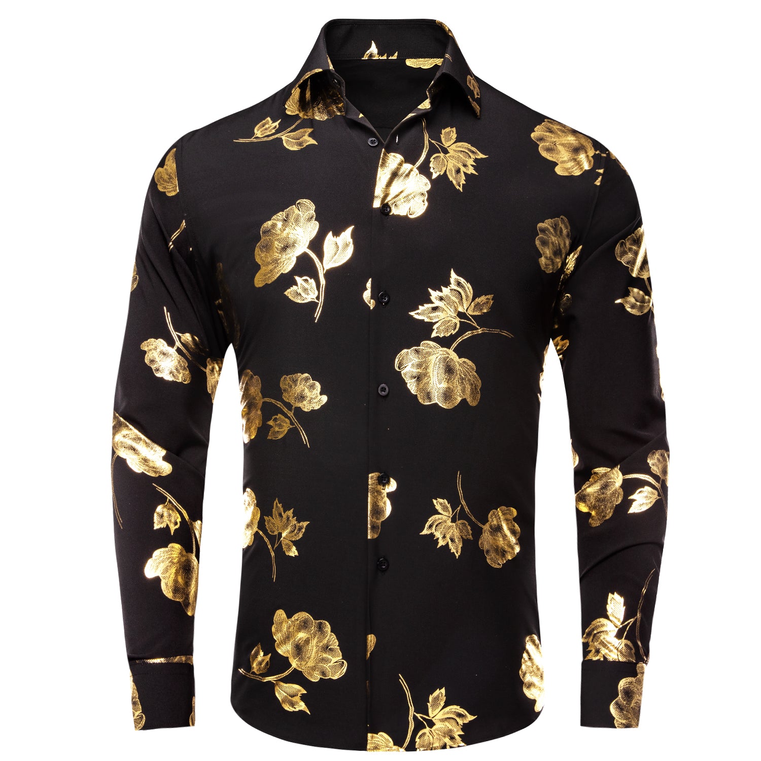 Hi Tie Black Shirt Gold Floral Silk Men s Long Sleeve Shirt