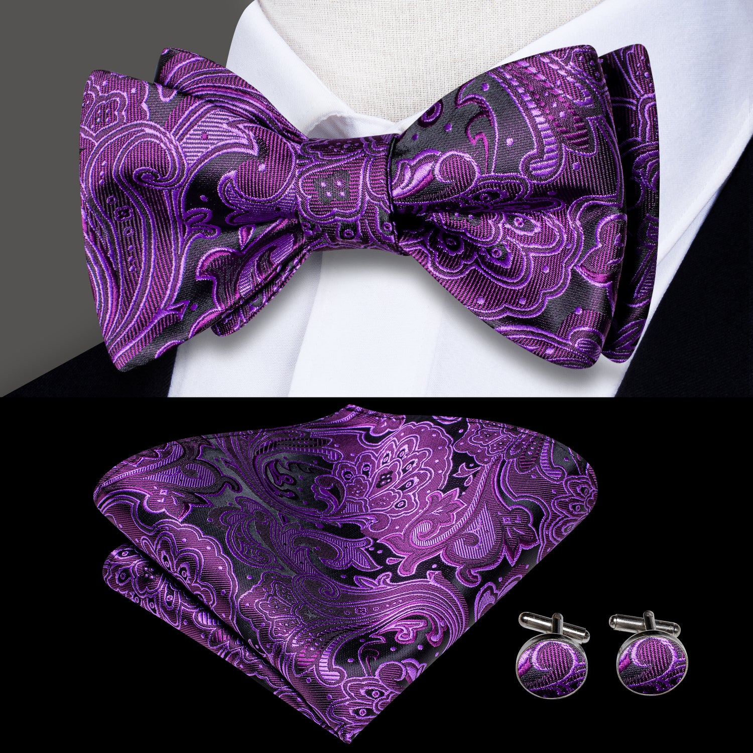 New Deep Purple Black Paisley Silk Self Tied Bow Tie Pocket Square Cuf 0206