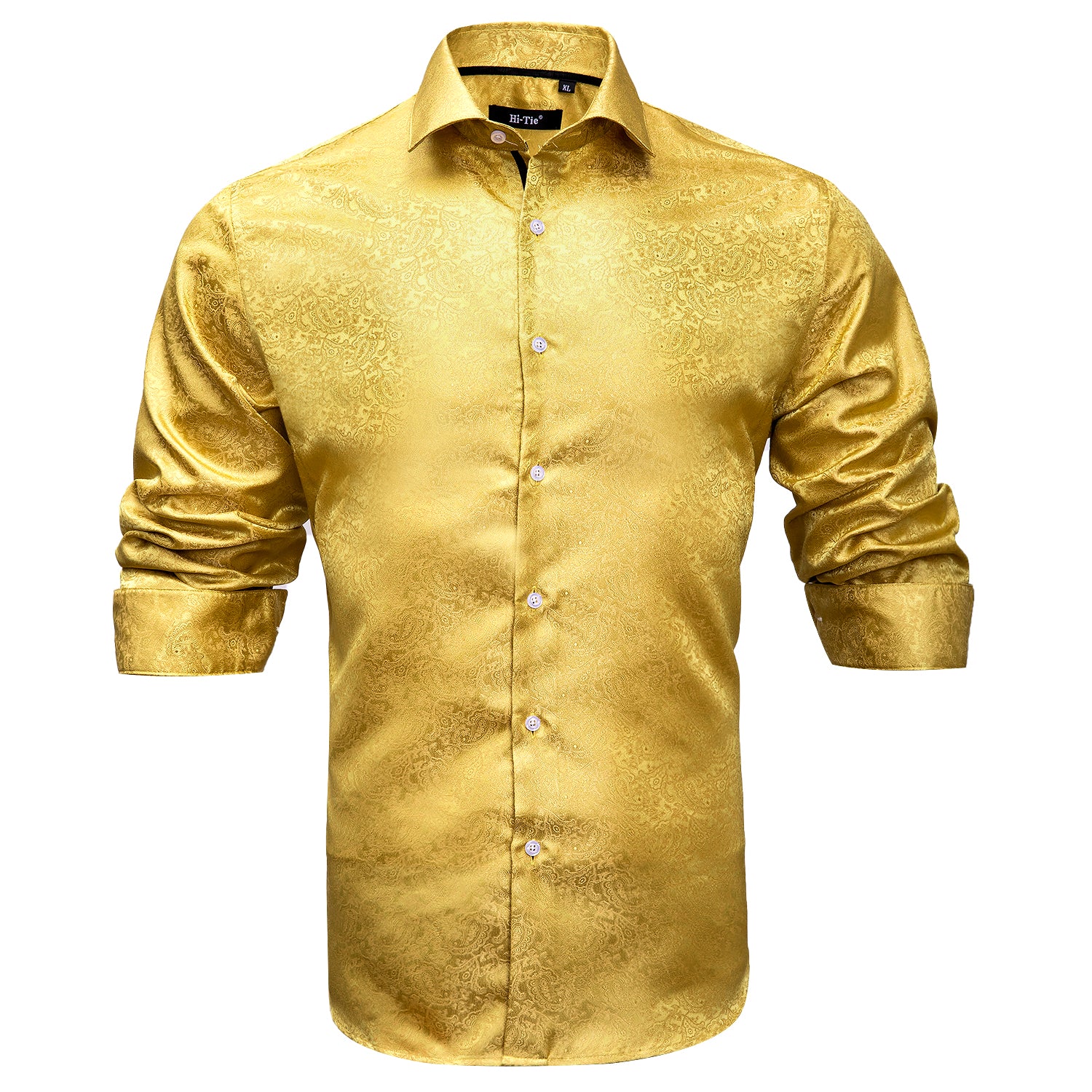 Hi Tie Mustard Dress Shirt Yellow Golden Paisley Men Long Sleeve Shirt L