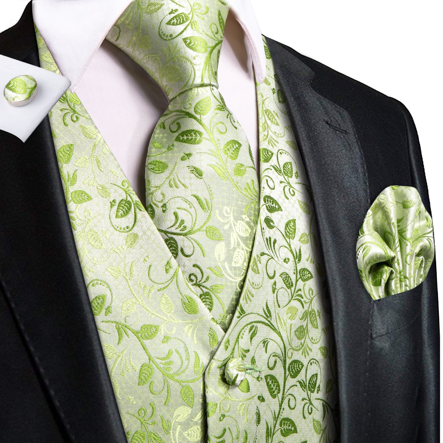 New Light Green Leaves Silk Men's Vest Hanky Cufflinks Tie Set Waistco