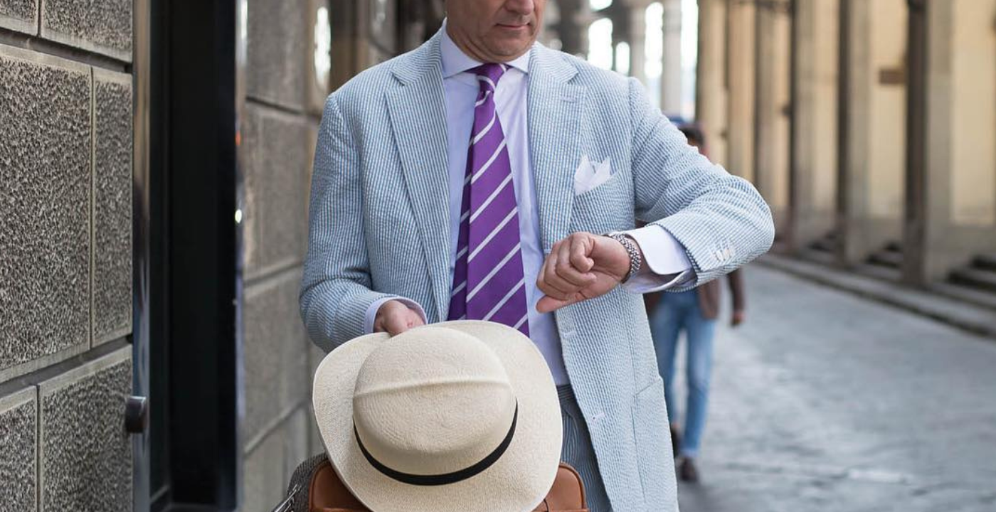 men wearing grey suit purple necktie 