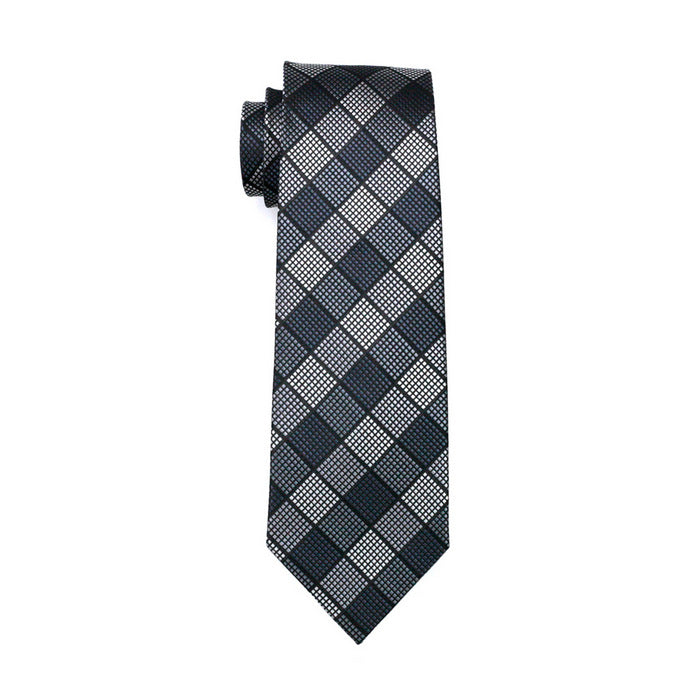 Black White Plaid Tie Pocket Square Cufflinks Set