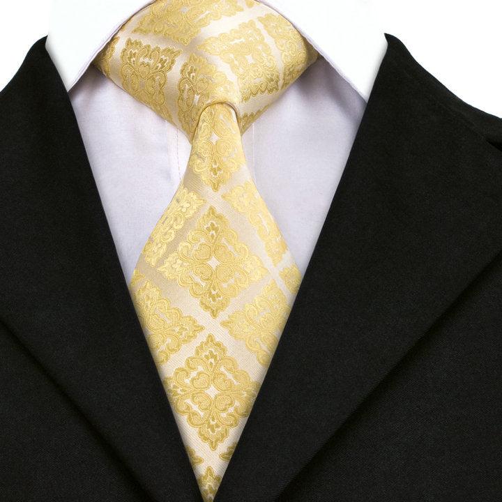 Necktie Golden Floral Men's Tie Pocket Square Cufflinks Set
