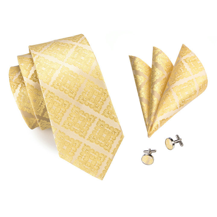 Necktie Golden Floral Men's Tie Pocket Square Cufflinks Set