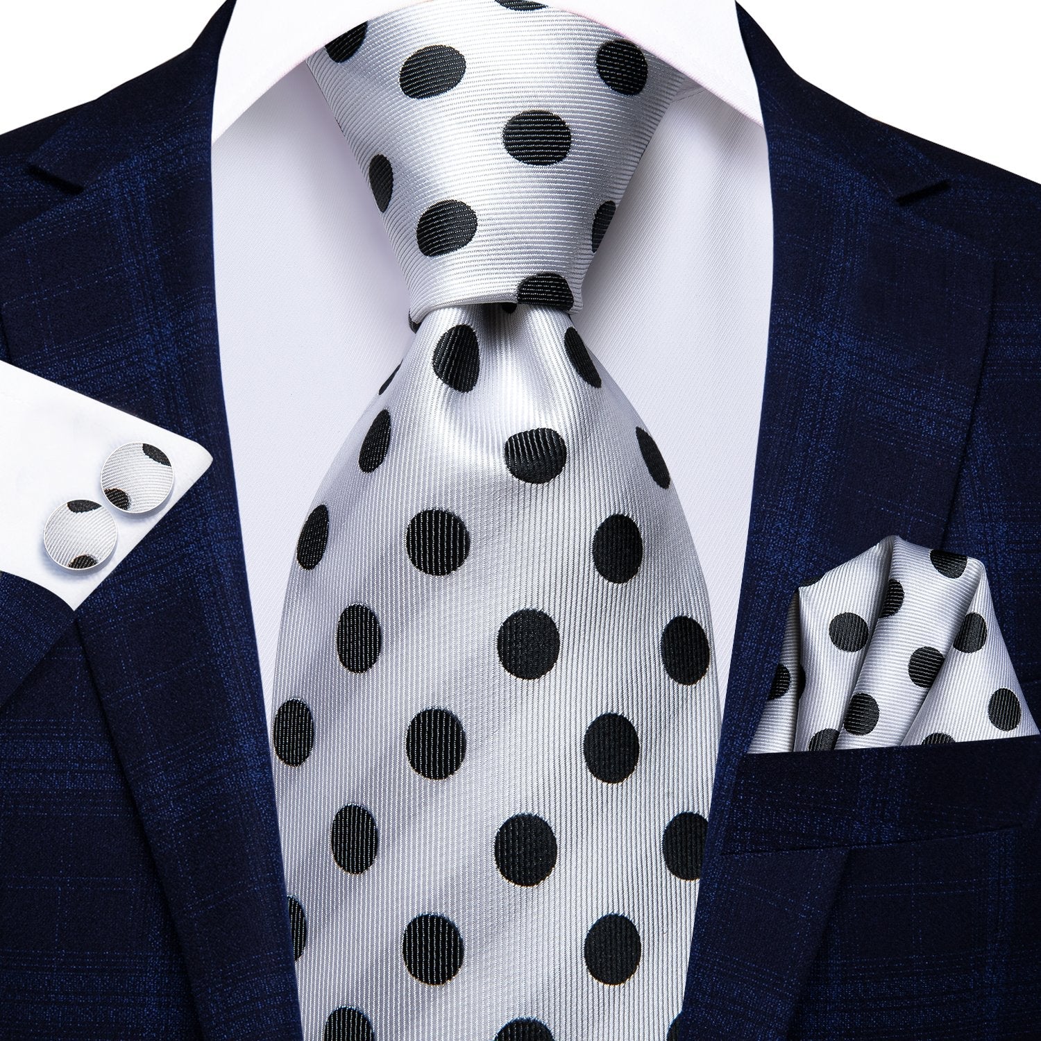 Hi-Tie White Ink Polka Dot Men's Tie Pocket Square Cufflinks Set