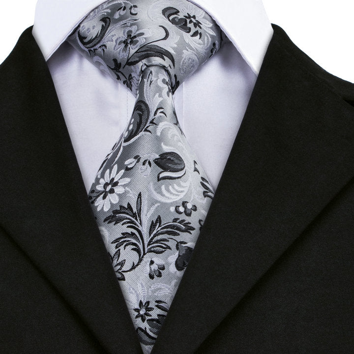  Necktie Grey Black Floral Tie Pocket Square Cufflinks Set