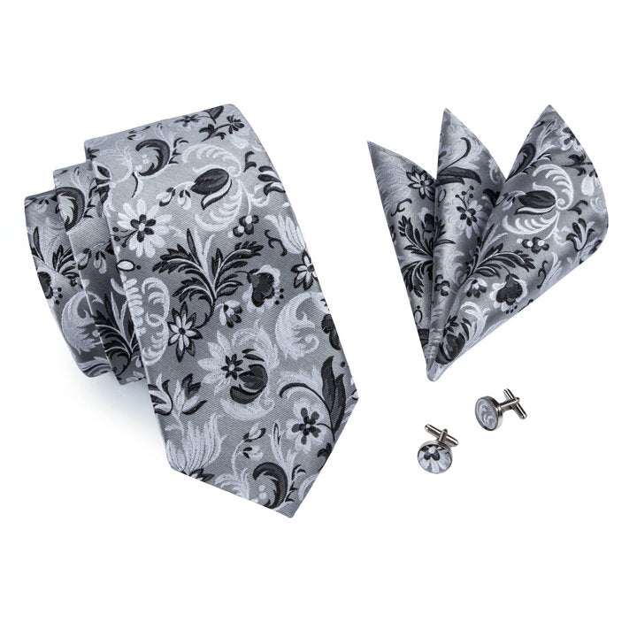  Necktie Grey Black Floral Tie Pocket Square Cufflinks Set