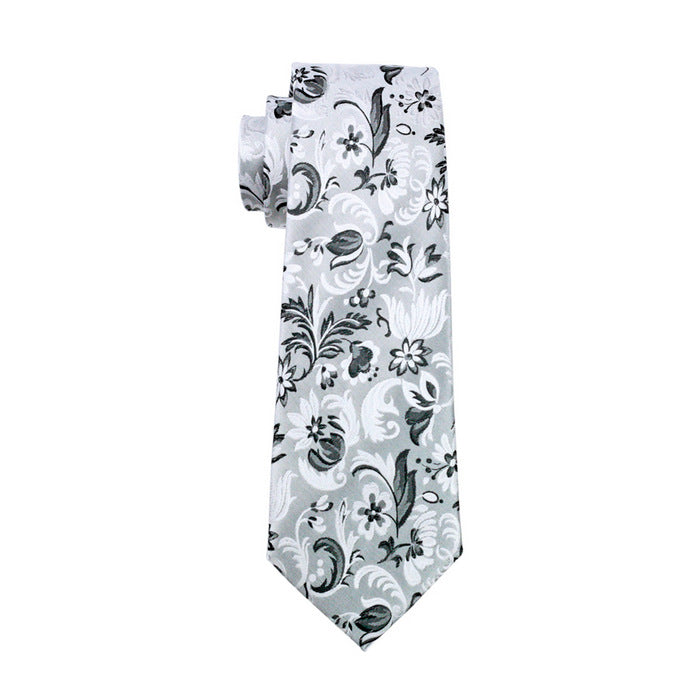  Necktie Grey Black Floral Tie Pocket Square Cufflinks Set