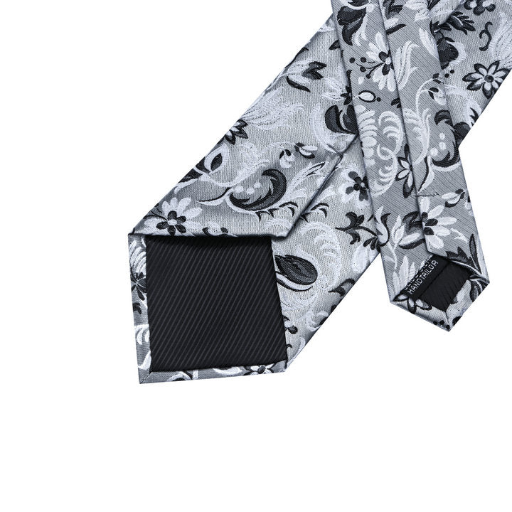  Necktie Grey Black Floral Tie Pocket Square Cufflinks Set