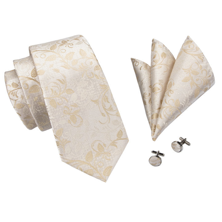 Champagne Golden Necktie Floral Tie Pocket Square Cufflinks Set