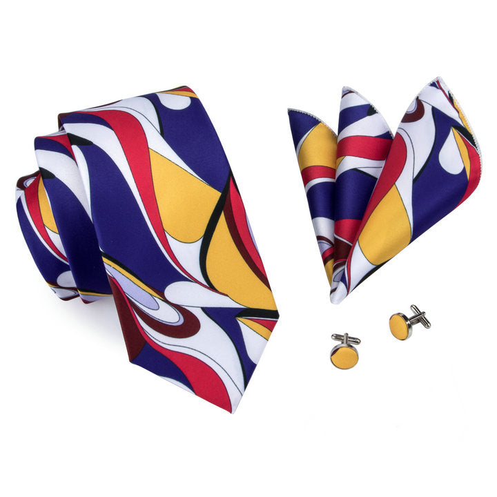 Red Yellow Blue Novelty Silk Men's Tie Hanky Cufflinks Set