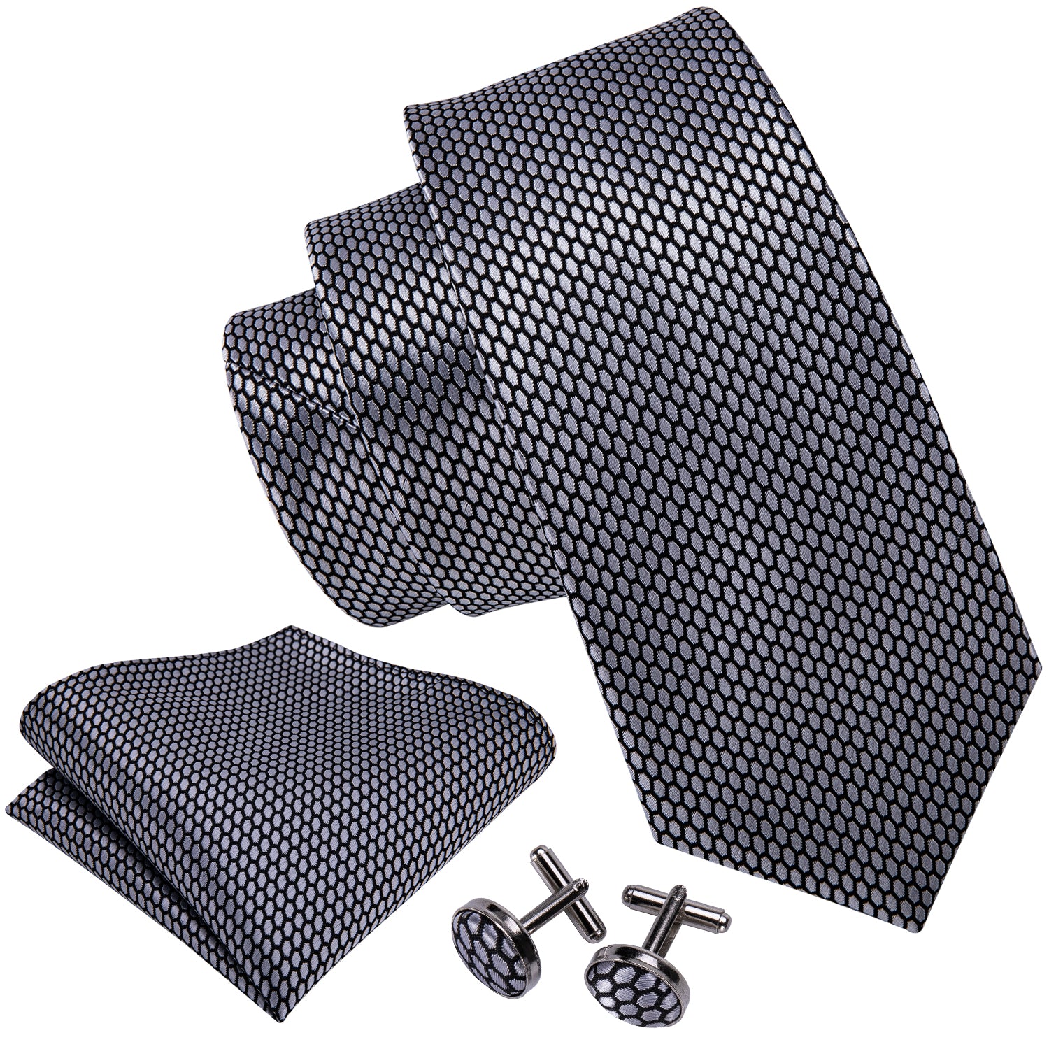 Men's Ties Grey Geometric Plaid Tie Pocket Square Cufflinks Set