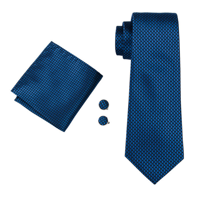 Navy-Blue Geometric Polka Dot Tie Pocket Square Cufflinks Set