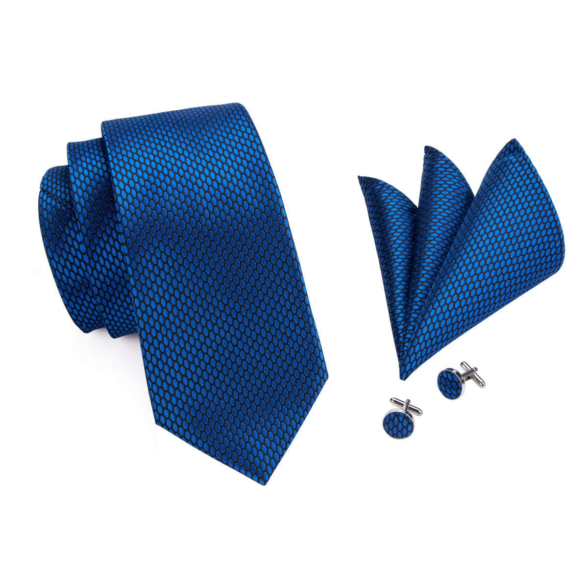 Navy-Blue Geometric Polka Dot Tie Pocket Square Cufflinks Set