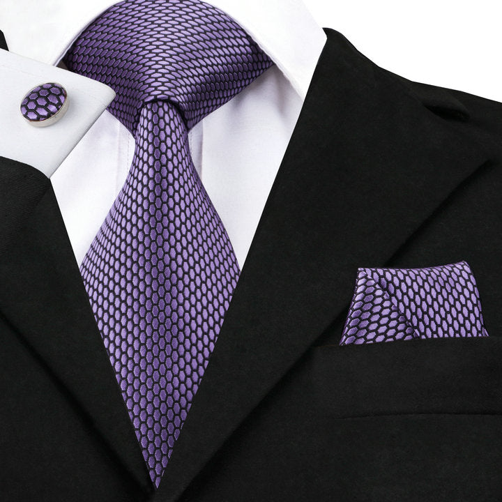 Men's Purple Necktie Geometric Solid Tie Hanky Cufflinks Set