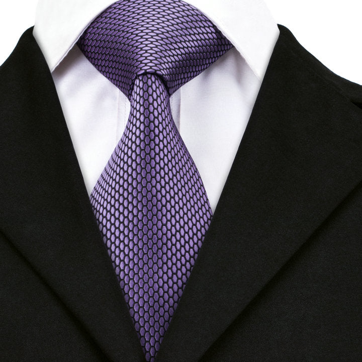 Men's Purple Necktie Geometric Solid Tie Hanky Cufflinks Set