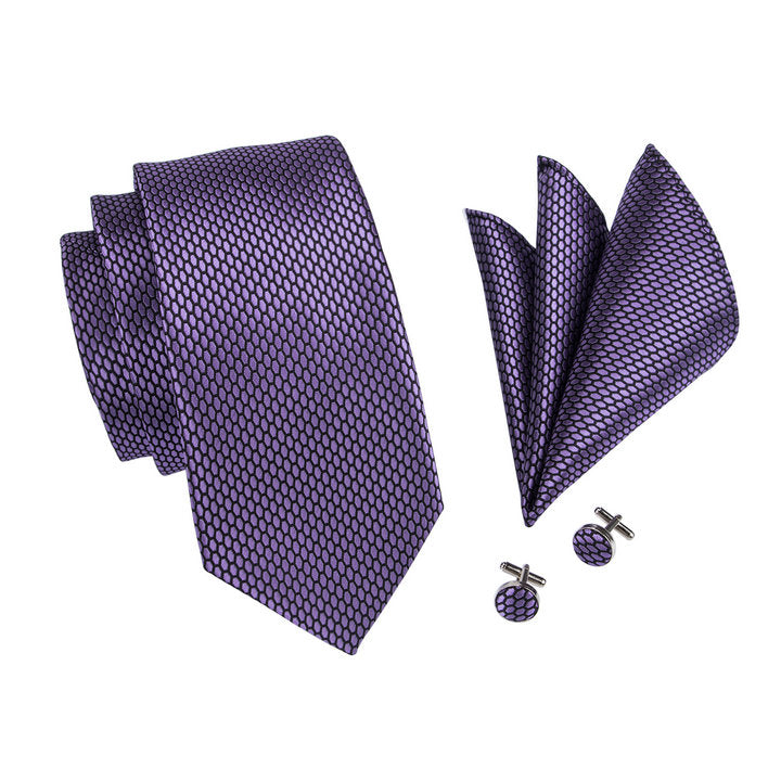 Men's Purple Necktie Geometric Solid Tie Hanky Cufflinks Set