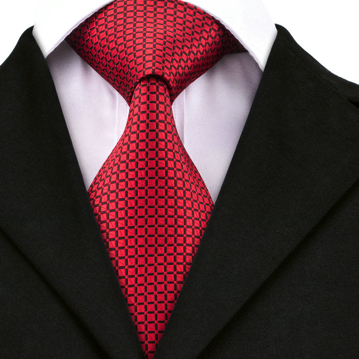  Fresh Red Plaid Men's Necktie Pocket Square Cufflinks Set