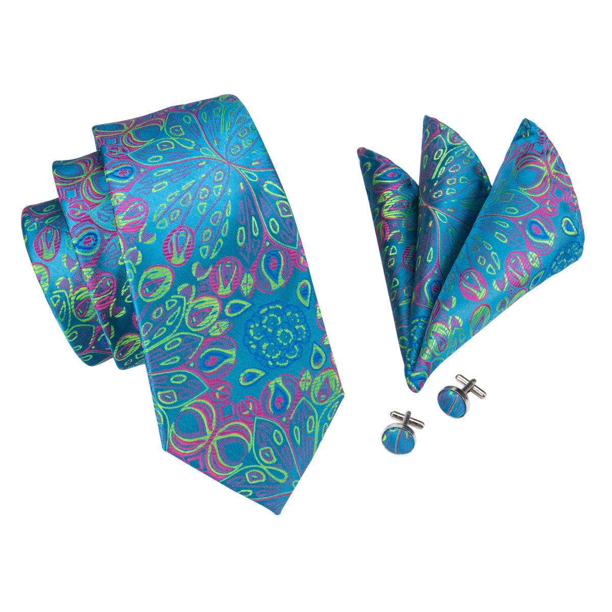 Blue Green Floral Tie Handkerchief Cufflinks Set with Wedding Brooch