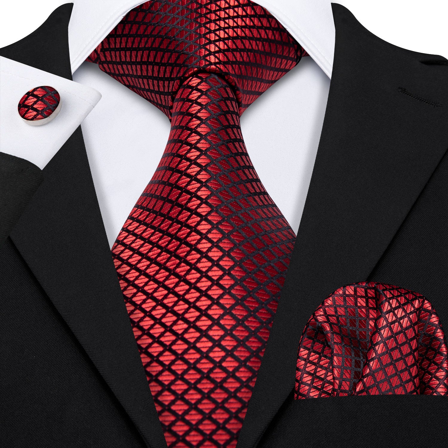  Red Necktie Black Red Plaid Necktie Pocket Square Cufflinks Set