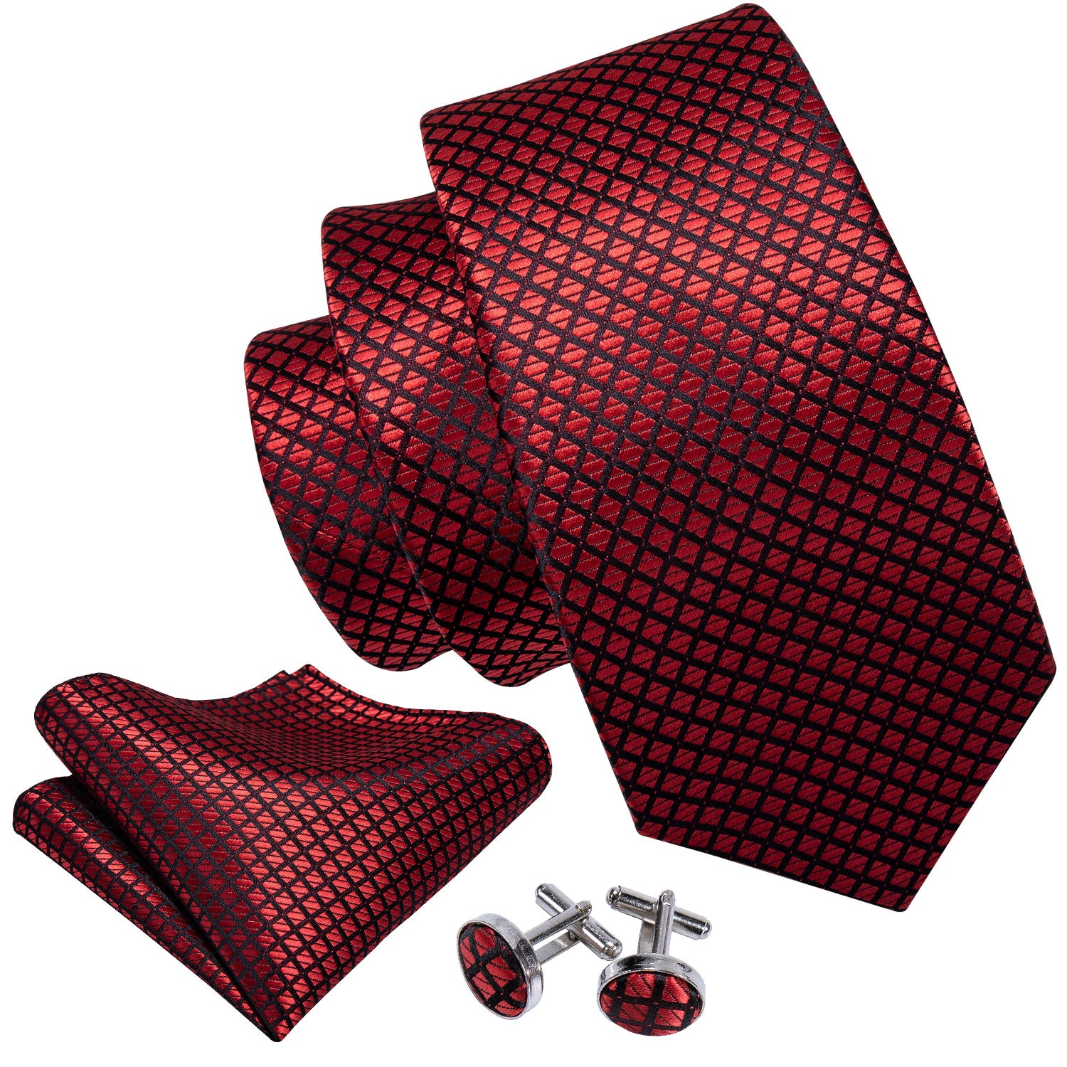  Red Necktie Black Red Plaid Necktie Pocket Square Cufflinks Set