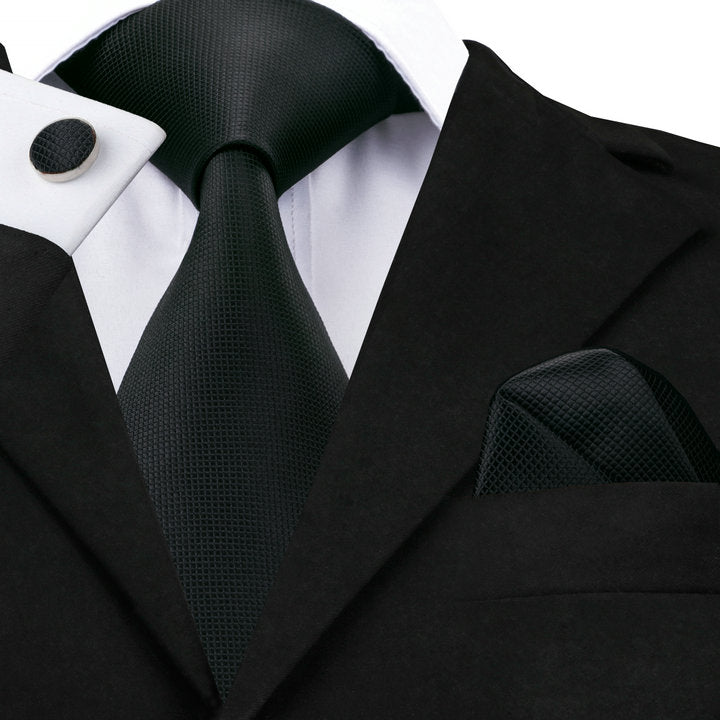 Black Solid Tie Tie Handkerchief Cufflinks Set
