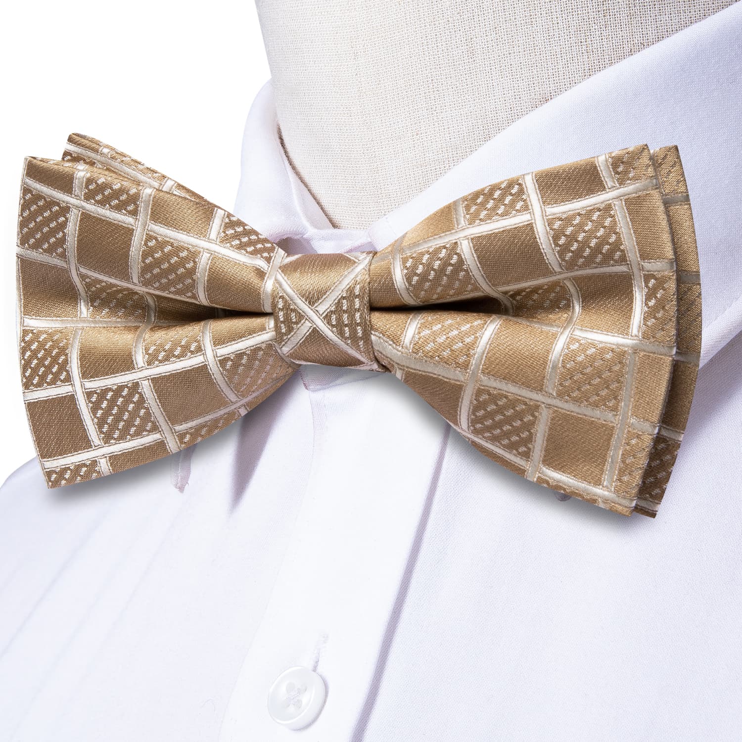 Light Tan Brown Bow Ties Men Plaid Necktie Hanky Cufflinks Set