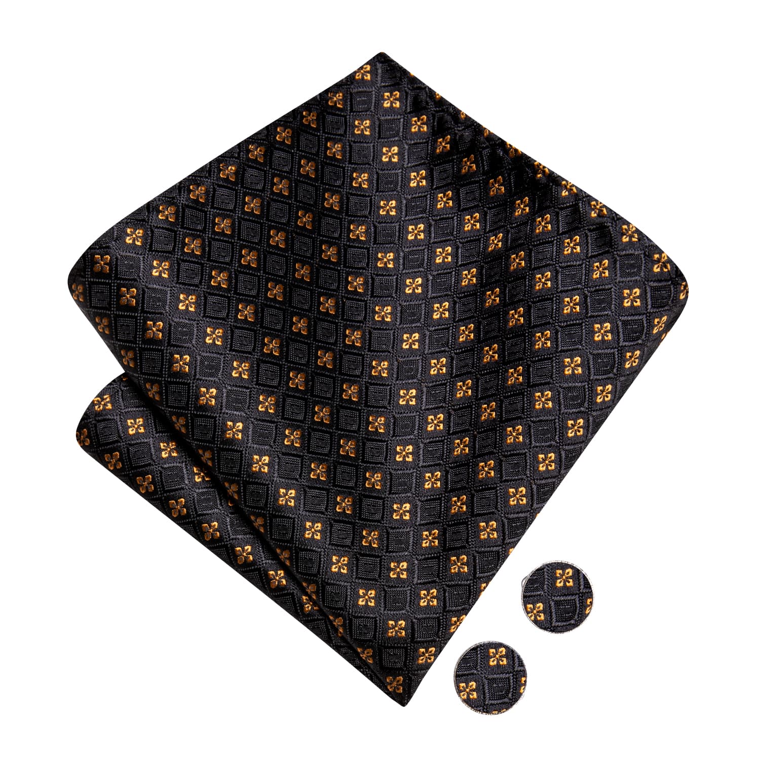 Black Plaid Gold Jacquard Floral Bow Tie Hanky Cufflinks Set