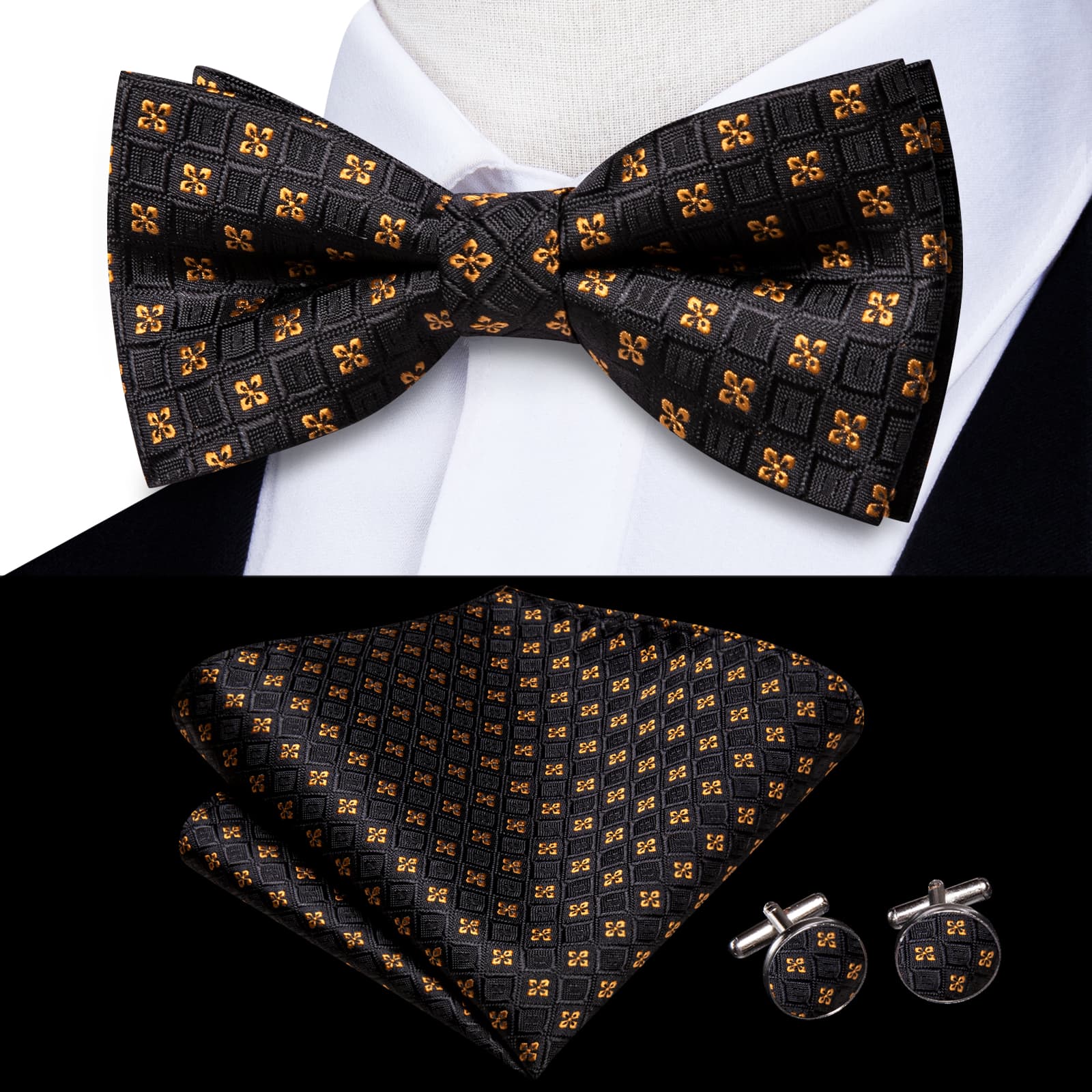 Black Plaid Gold Jacquard Floral Bow Tie Hanky Cufflinks Set