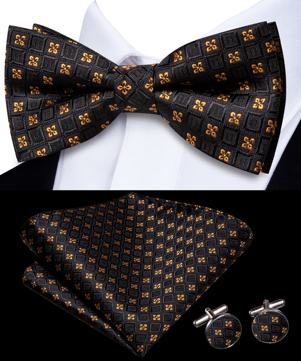 Black Plaid Gold Jacquard Floral Bow Tie Hanky Cufflinks Set