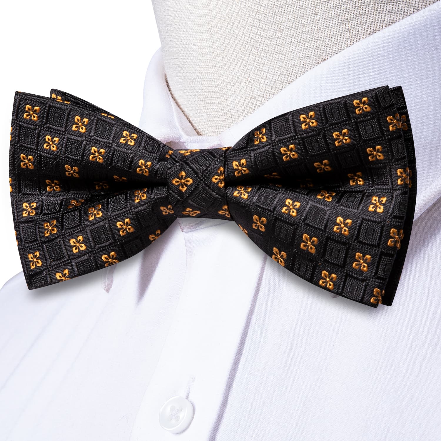 Black Plaid Gold Jacquard Floral Bow Tie Hanky Cufflinks Set