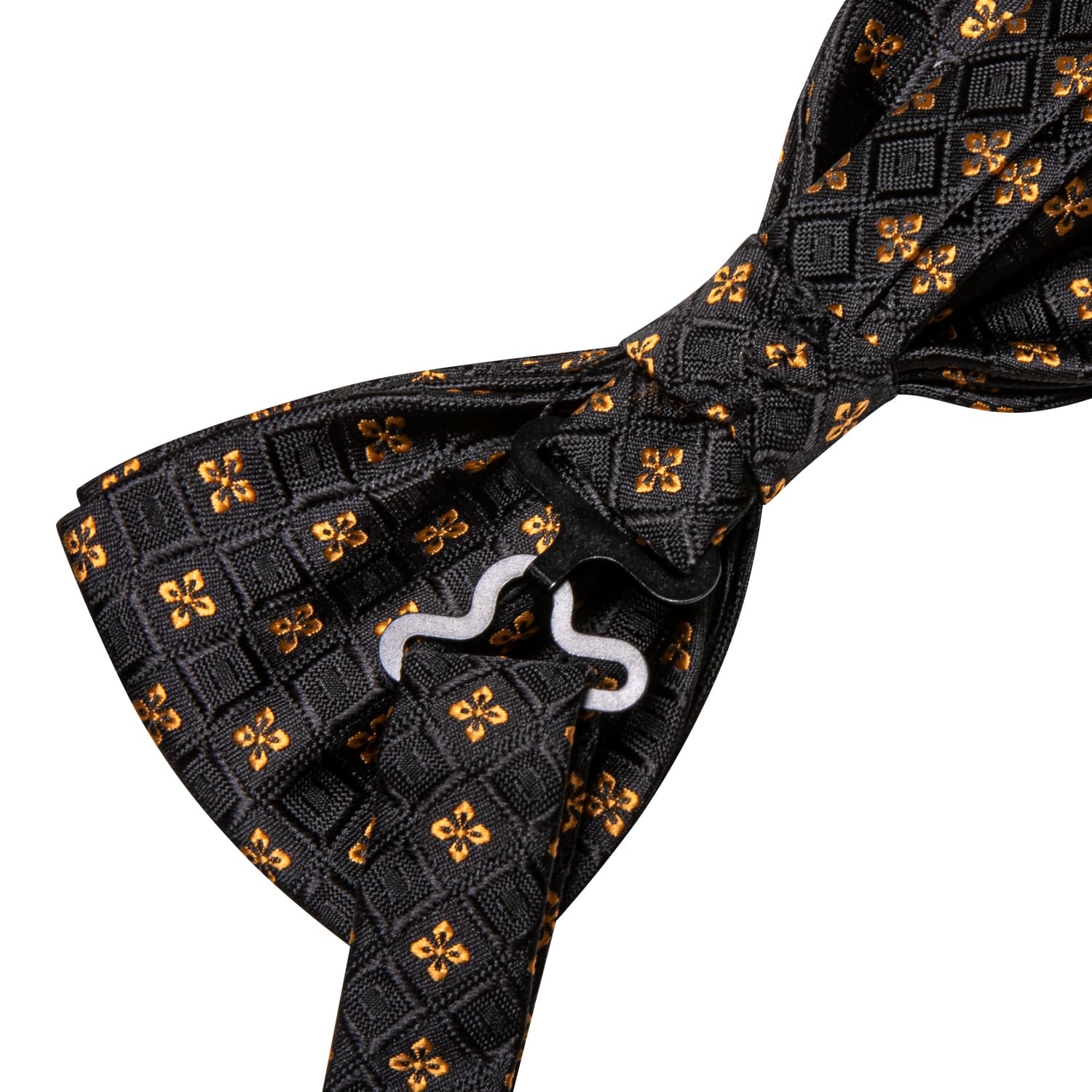 Black Plaid Gold Jacquard Floral Bow Tie Hanky Cufflinks Set