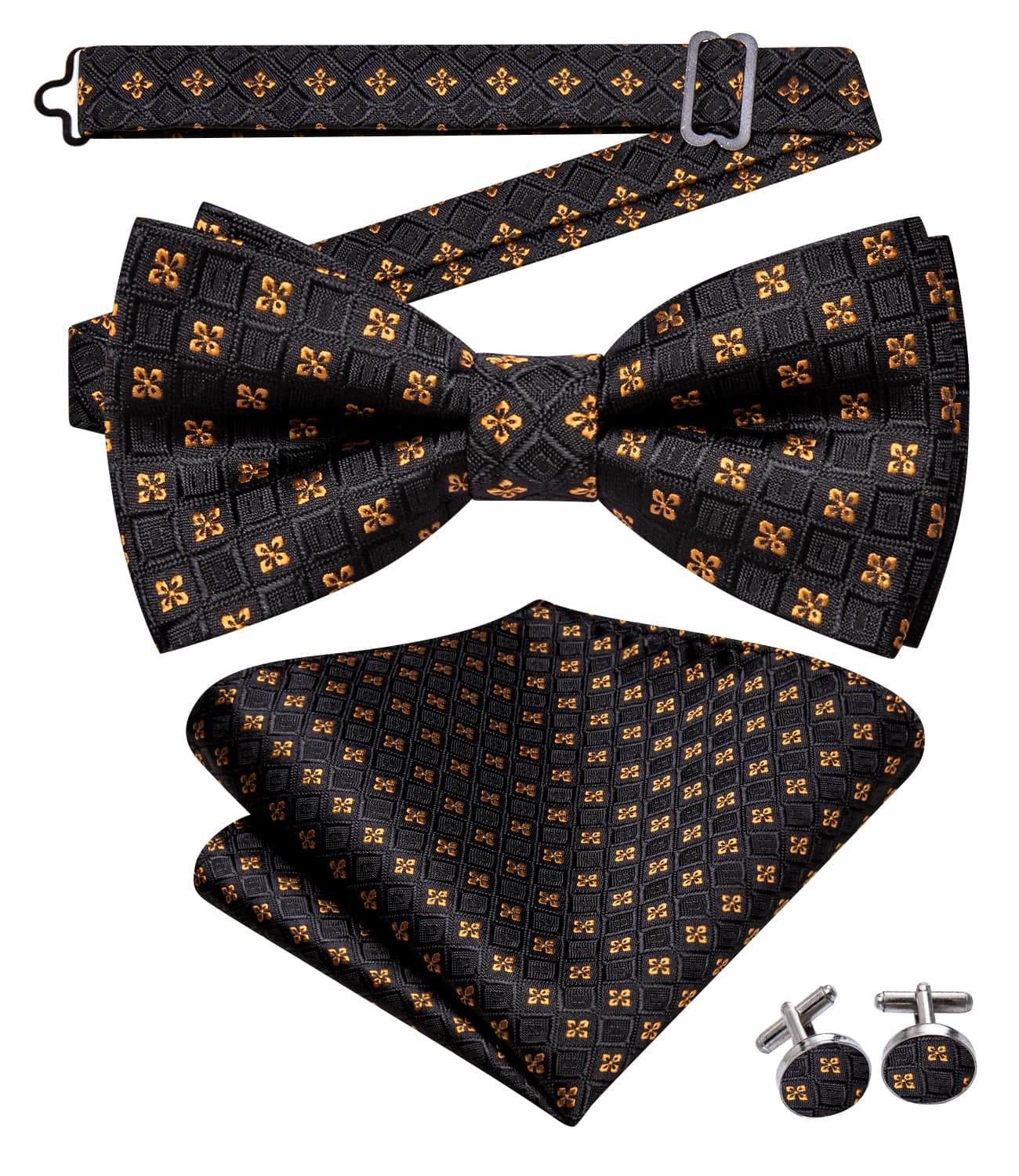 Black Plaid Gold Jacquard Floral Bow Tie Hanky Cufflinks Set