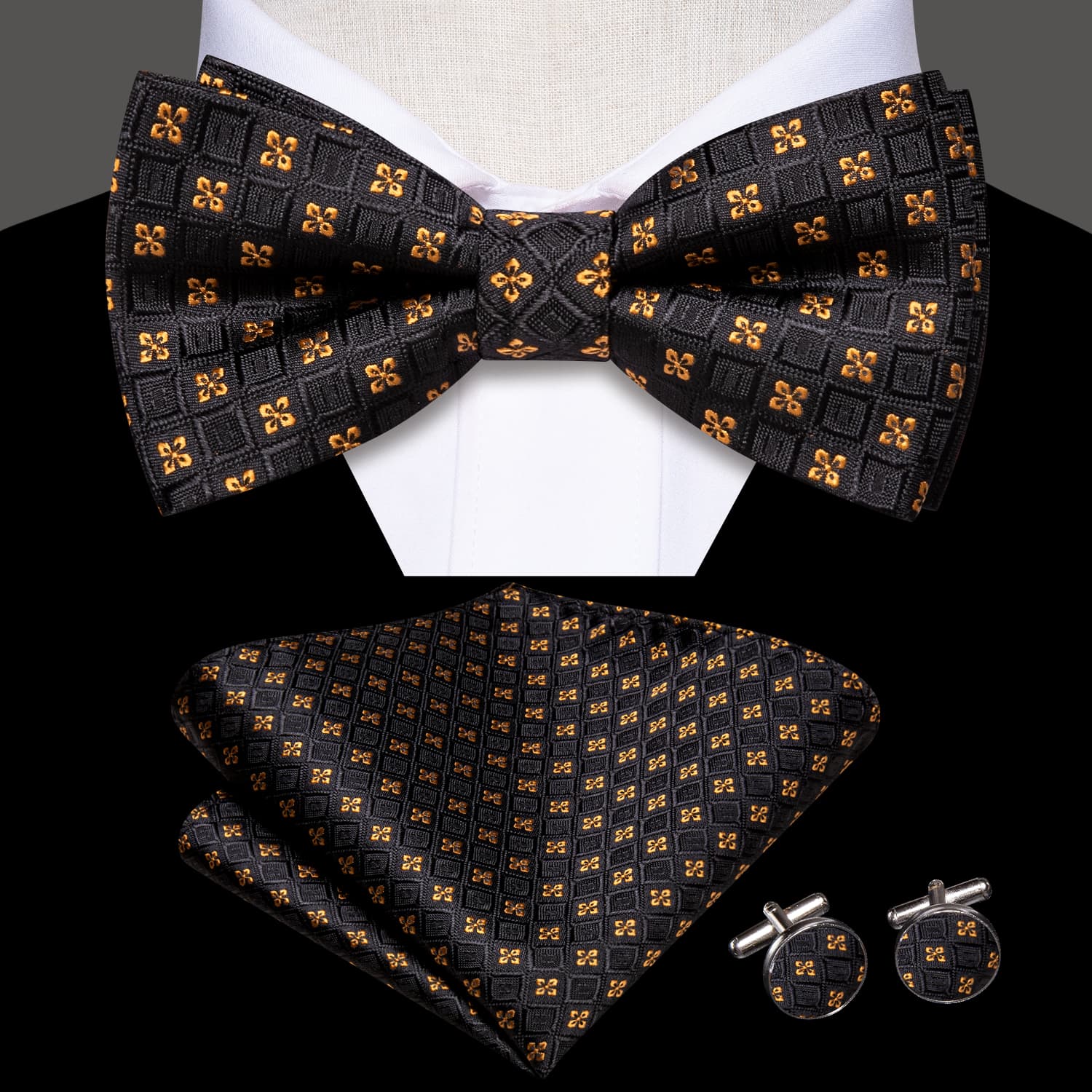 Black Plaid Gold Jacquard Floral Bow Tie Hanky Cufflinks Set