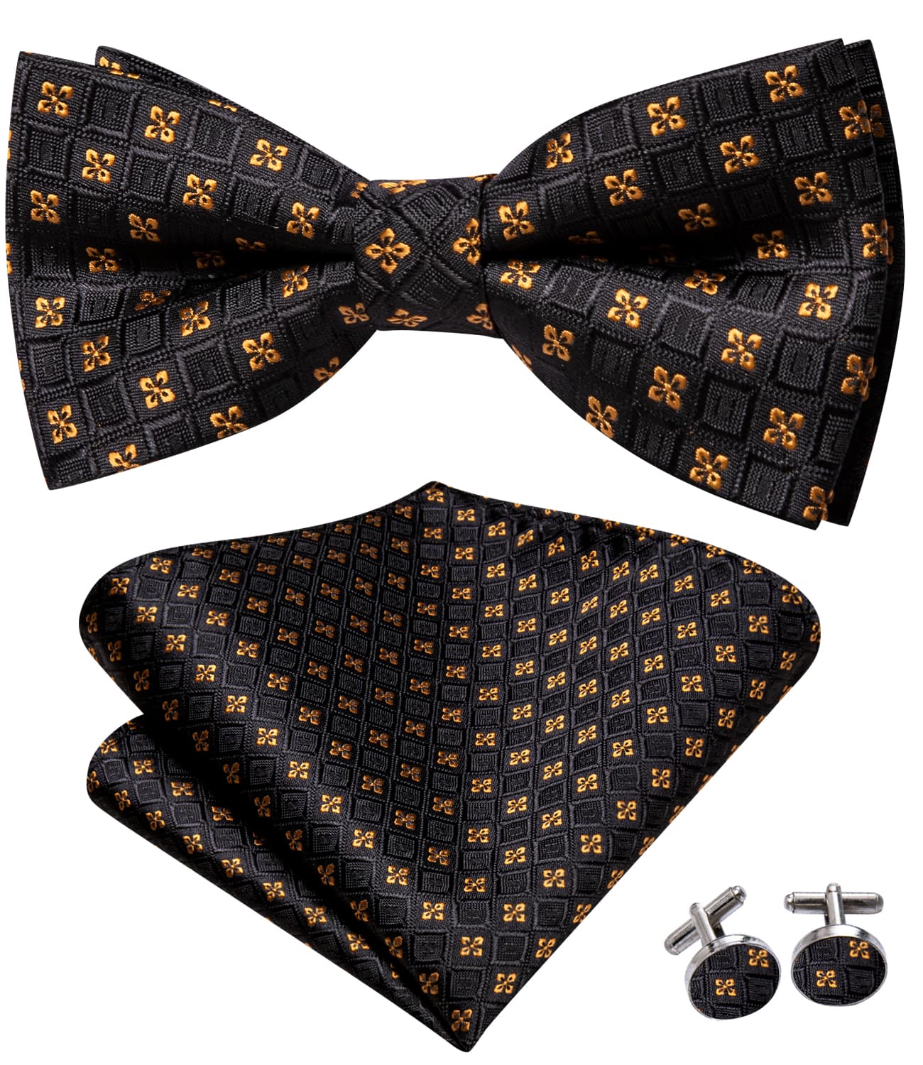 Black Plaid Gold Jacquard Floral Bow Tie Hanky Cufflinks Set