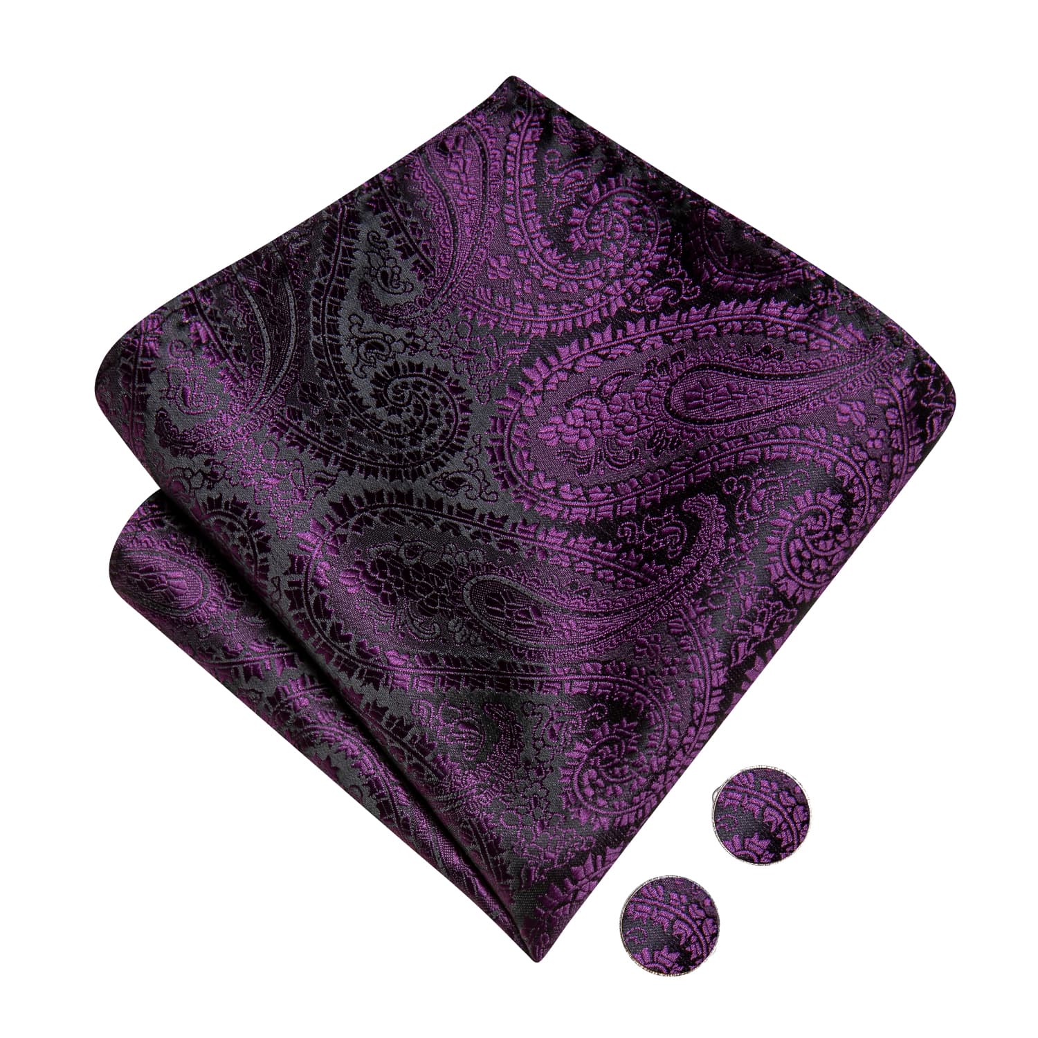 Black Purple Jacquard Paisley Mens Bow Tie Hanky Cufflinks Set