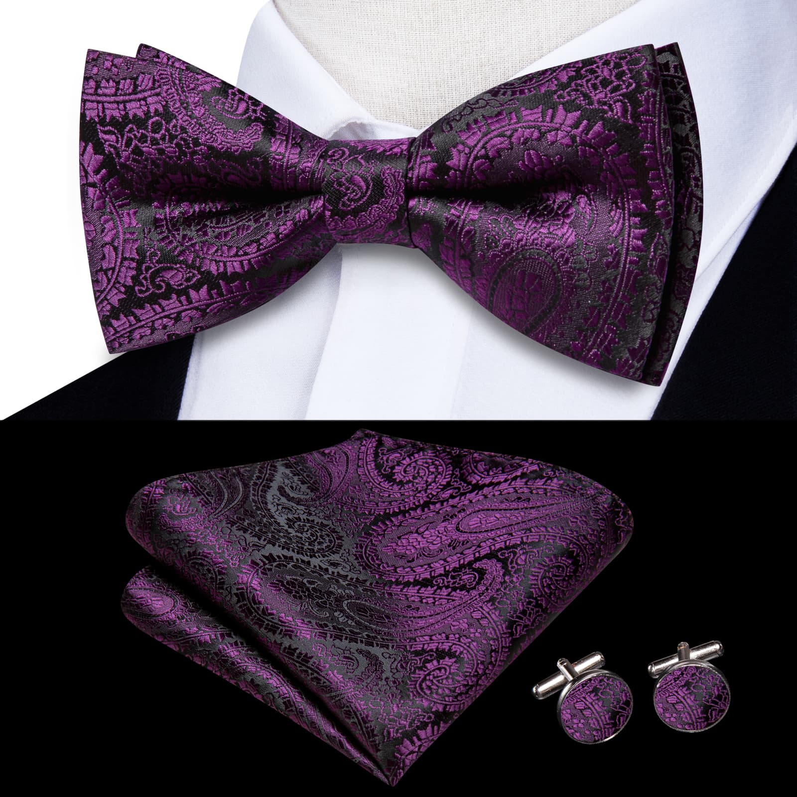 Black Purple Jacquard Paisley Mens Bow Tie Hanky Cufflinks Set