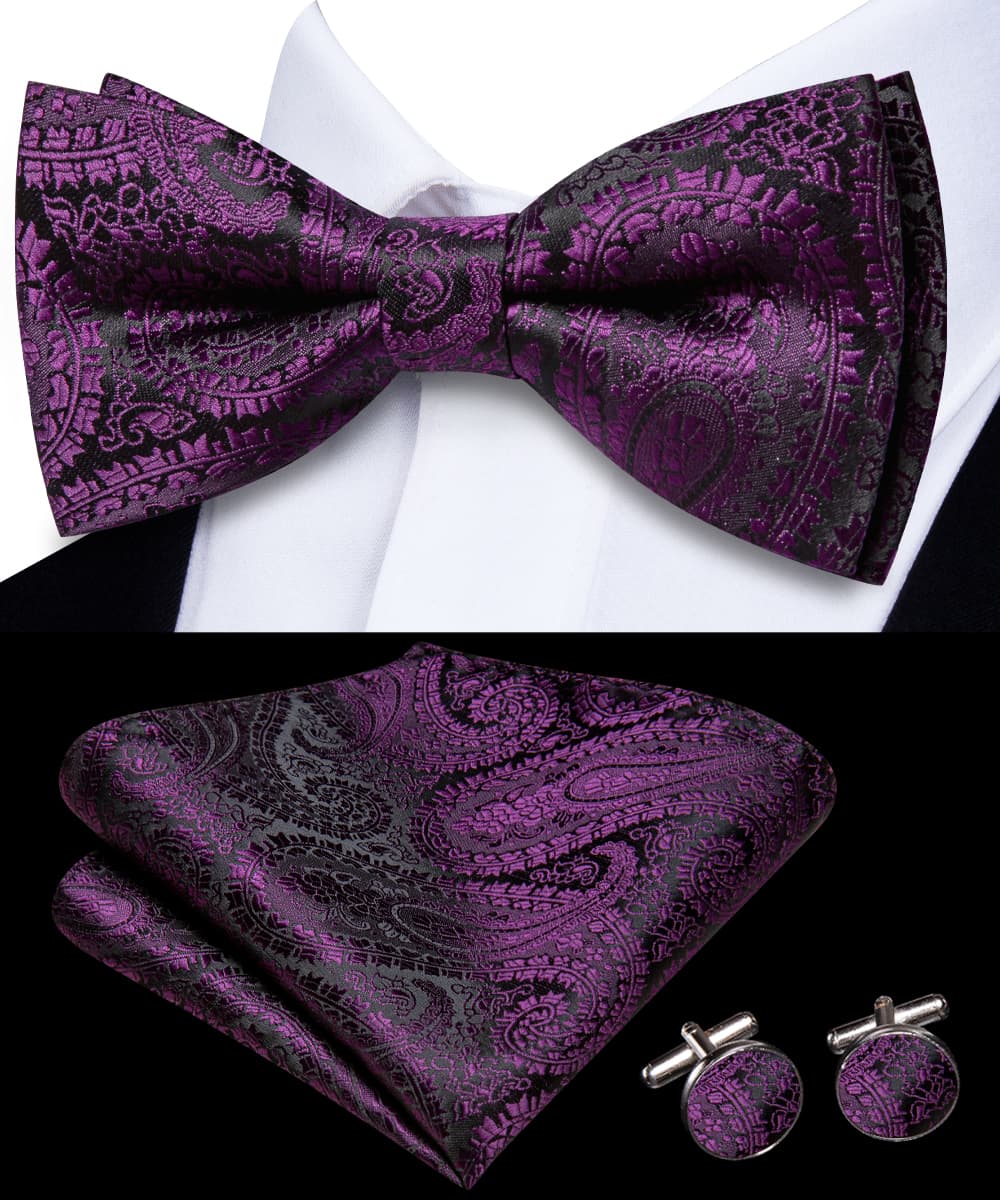 Black Purple Jacquard Paisley Mens Bow Tie Hanky Cufflinks Set