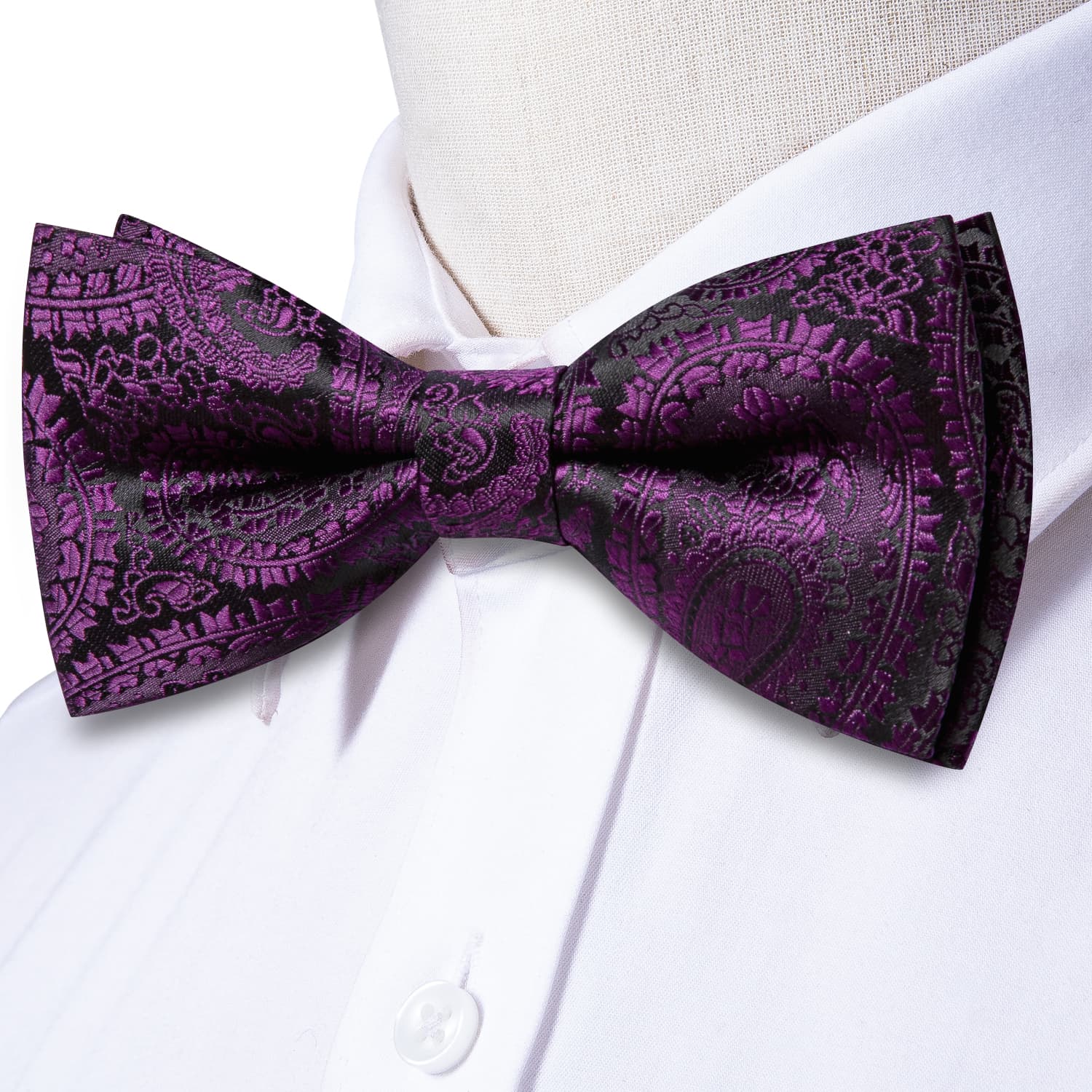 Black Purple Jacquard Paisley Mens Bow Tie Hanky Cufflinks Set