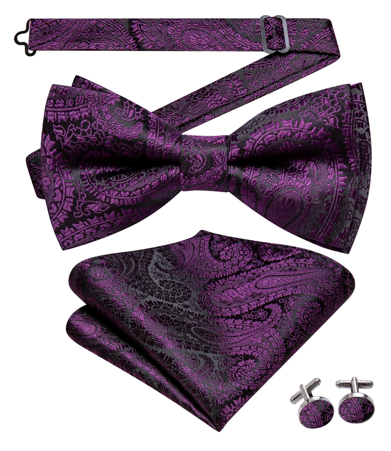 Black Purple Jacquard Paisley Mens Bow Tie Hanky Cufflinks Set