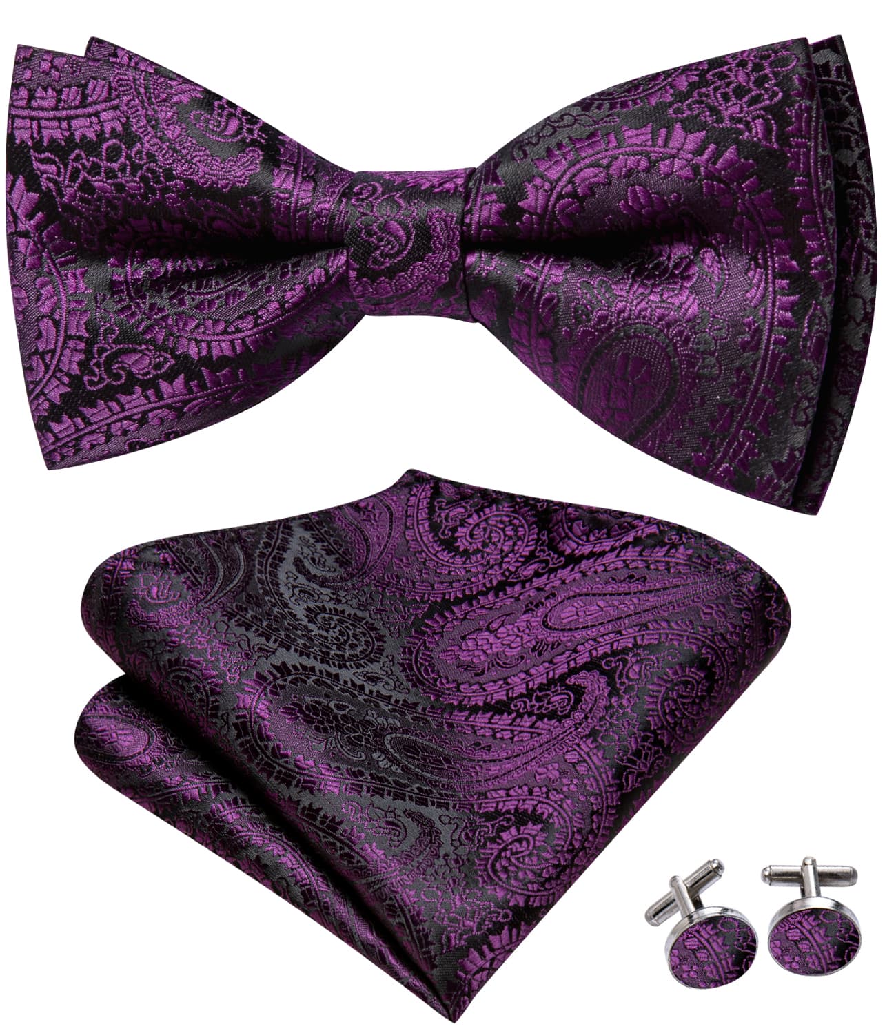 Black Purple Jacquard Paisley Mens Bow Tie Hanky Cufflinks Set