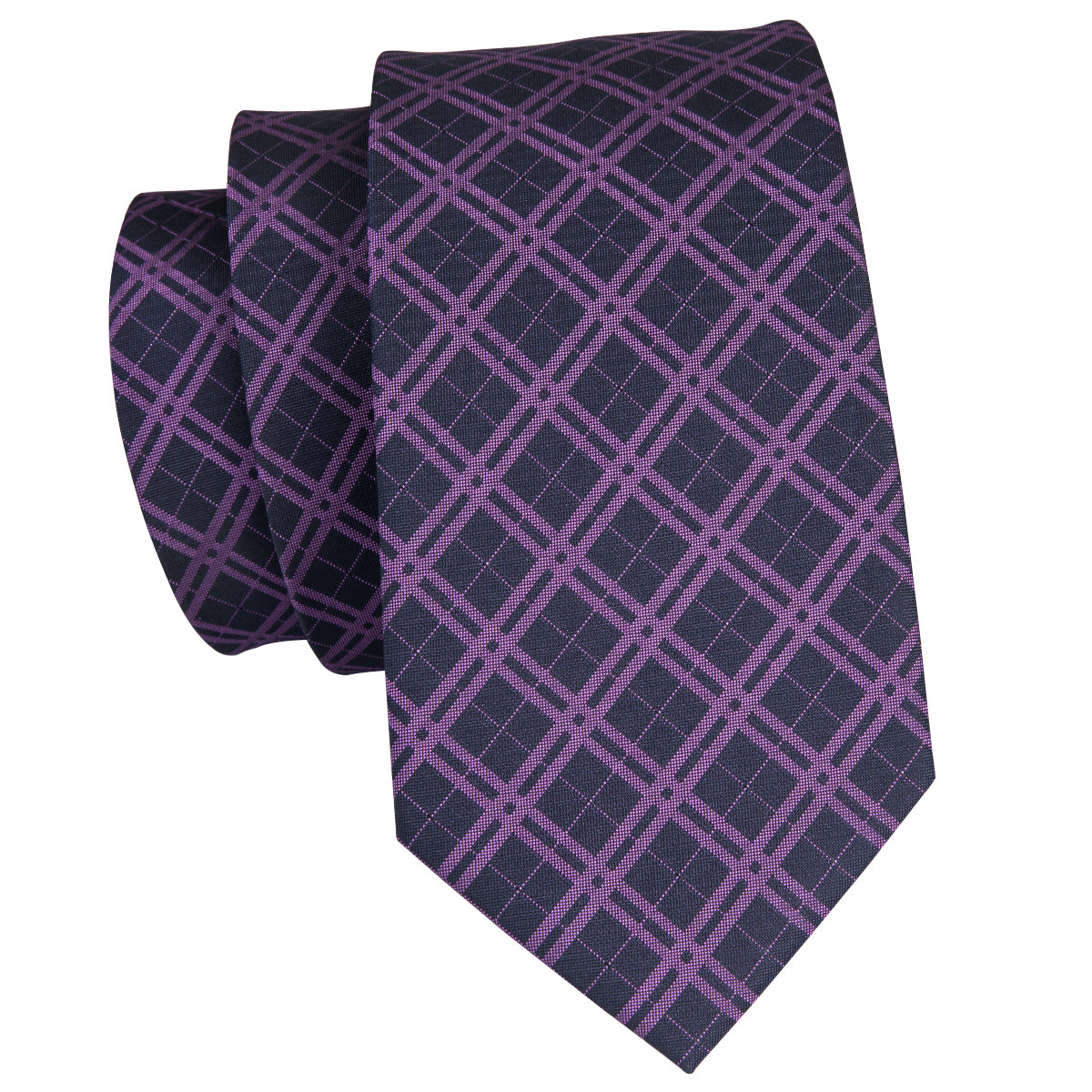 Black Purple Plaid Mens Tie Set Tie Pocket Square Cufflinks Set