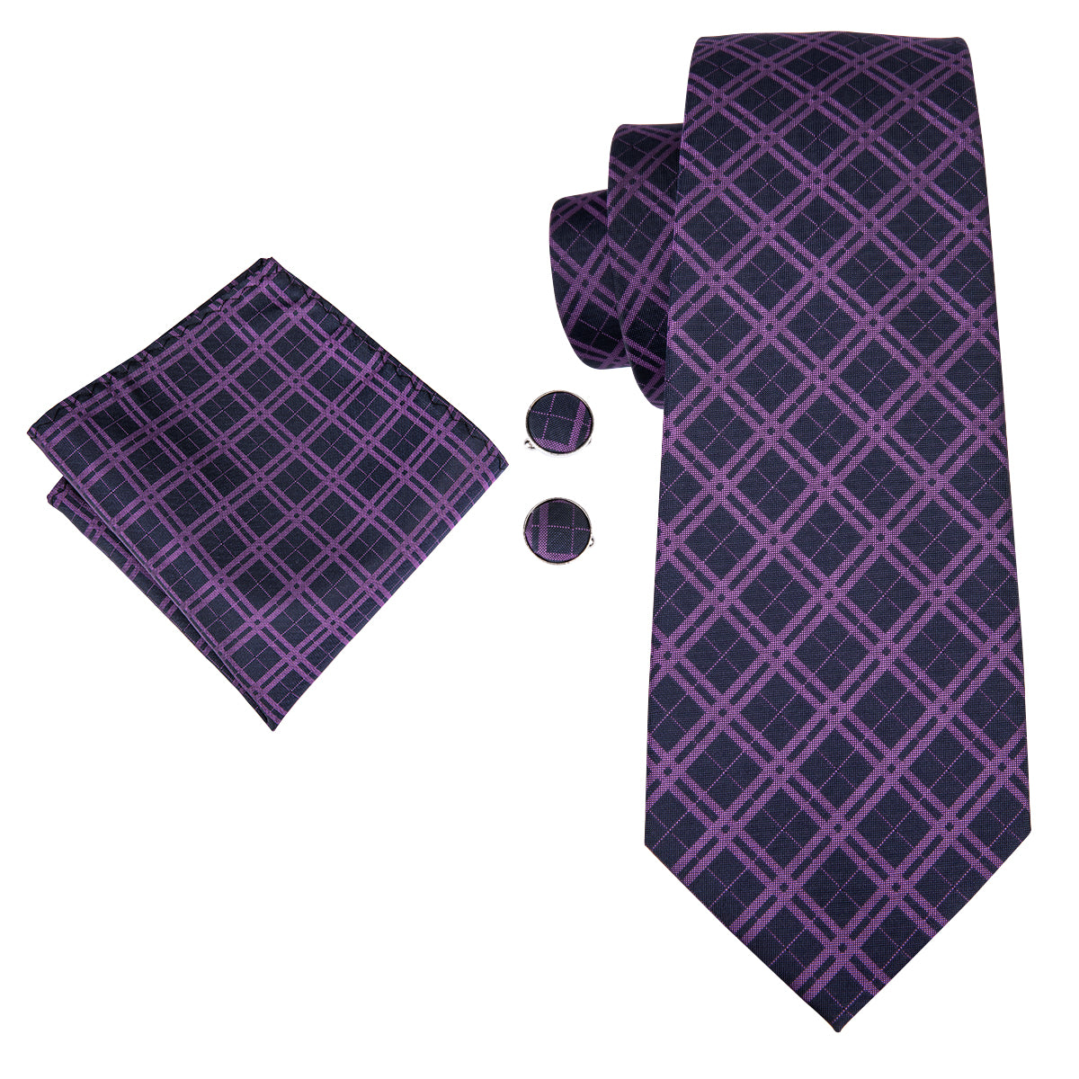 Black Purple Plaid Men's Tie Set Tie Pocket Square Cufflinks Set