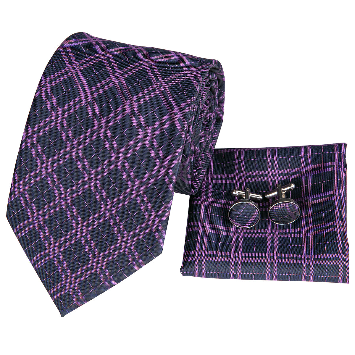 Black Purple Plaid Men's Tie Set Tie Pocket Square Cufflinks Set