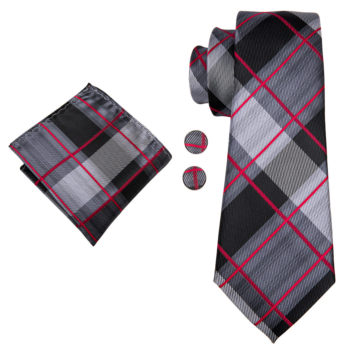 Black Grey Red Plaid Men's Tie Pocket Square Cufflinks Set