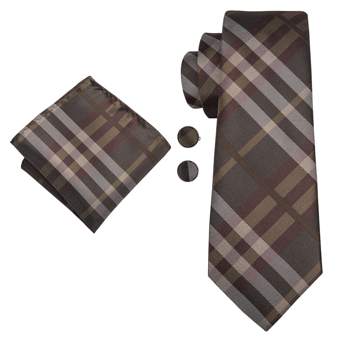 Classic Brown Plaid Men's Tie Pocket Square Cufflinks Set