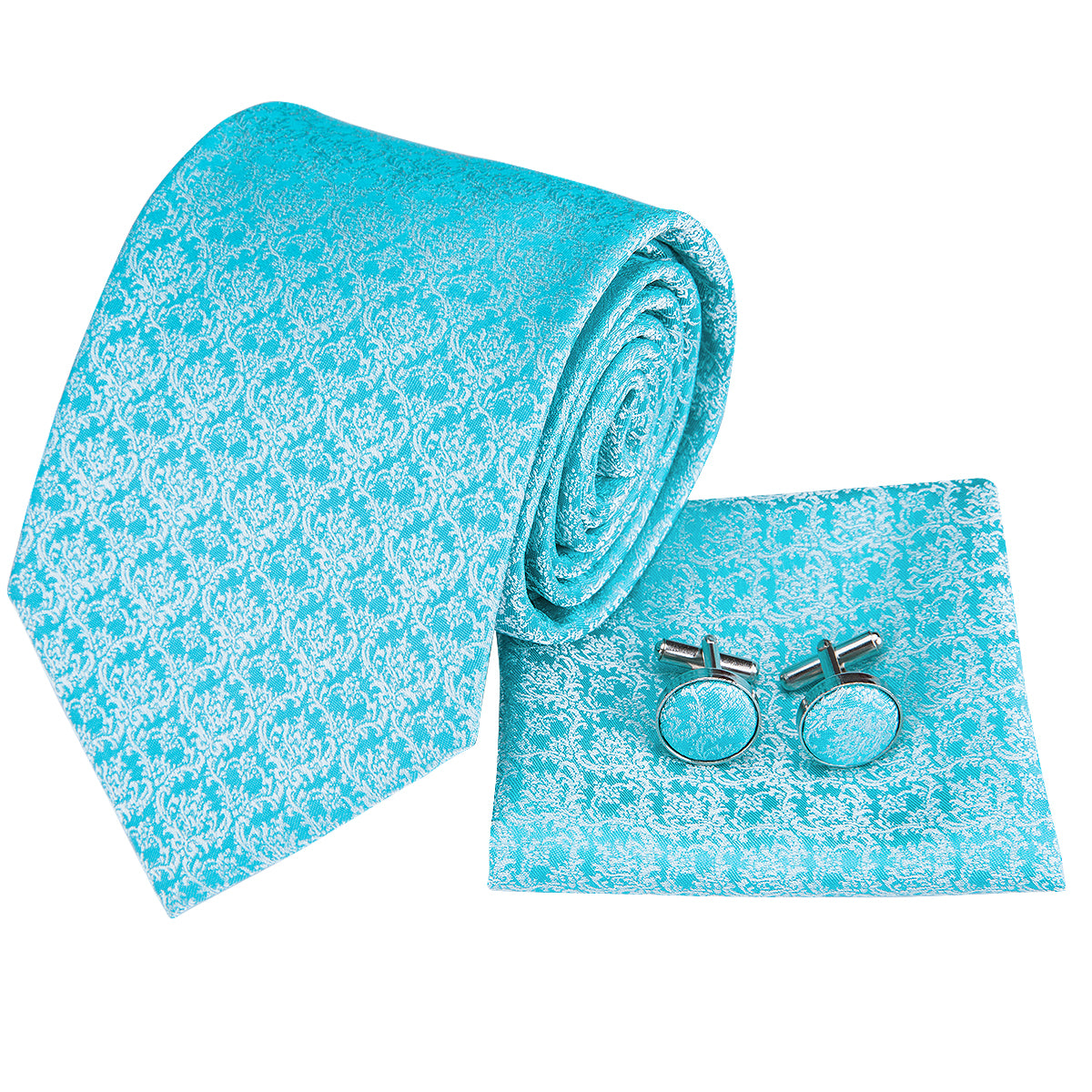 Blue Necktie Baby Blue Floral Tie Pocket Square Cufflinks Set