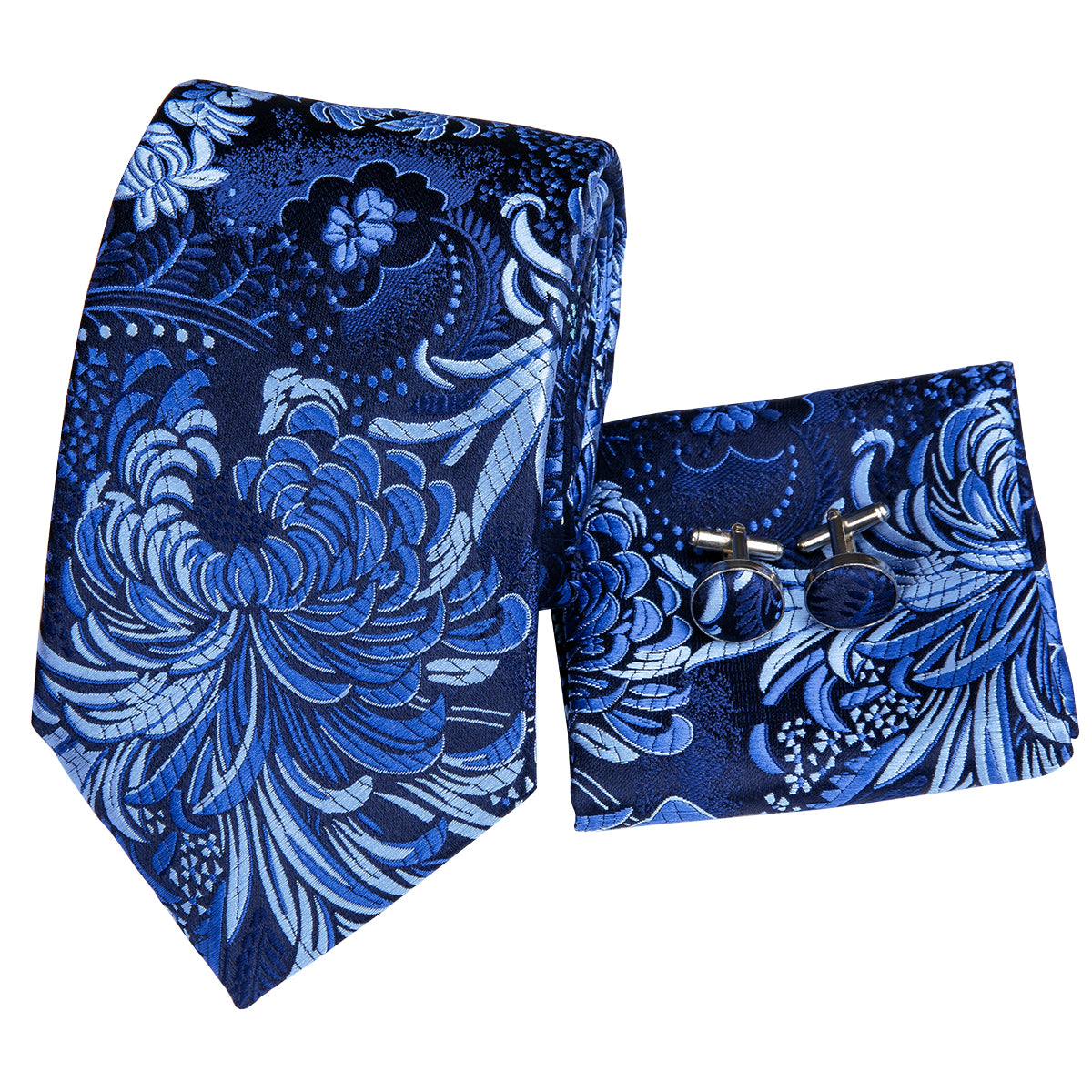 Men's Wedding Blue Floral Necktie Handkerchief Cufflinks Set