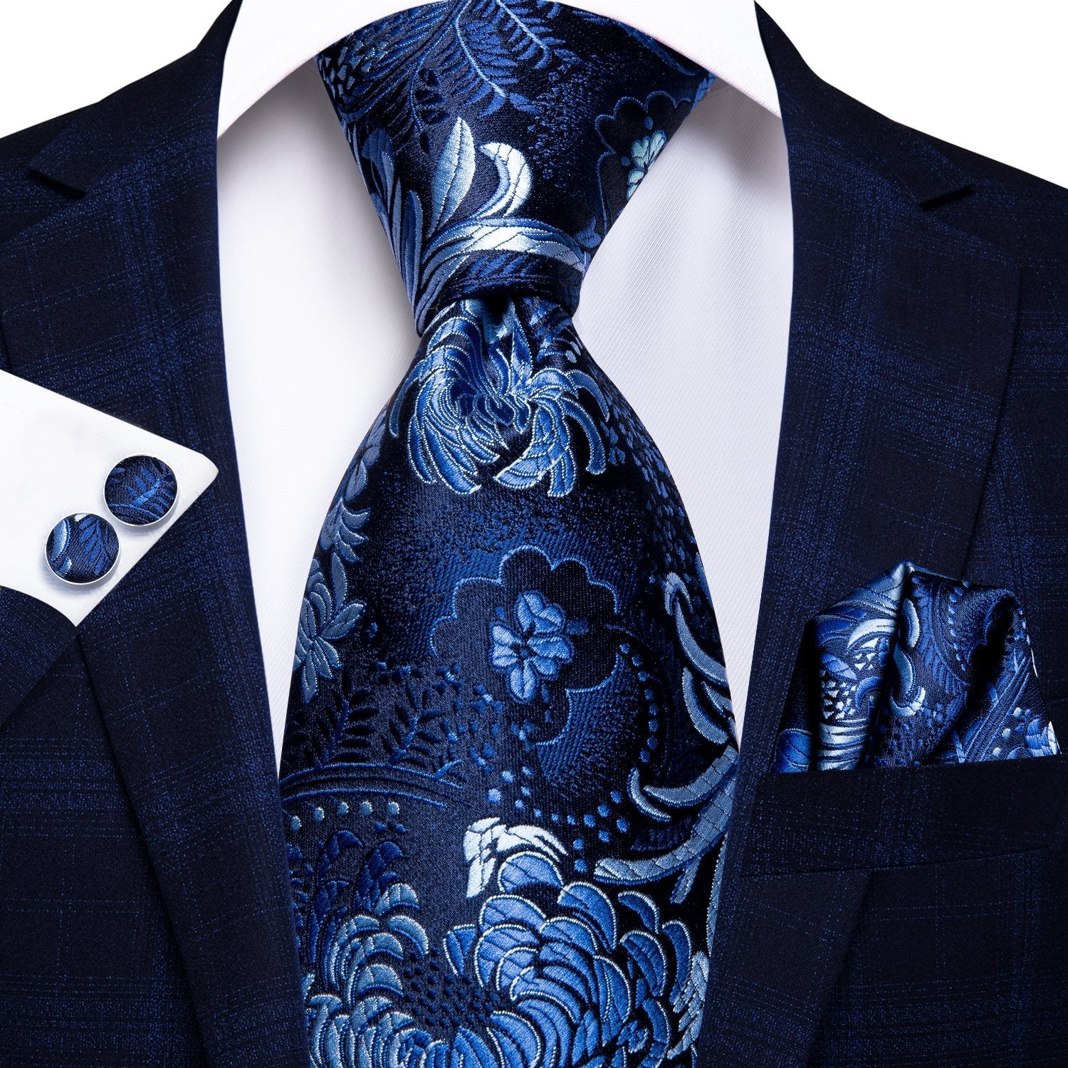 Blue Floral Necktie Handkerchief Cufflinks Set