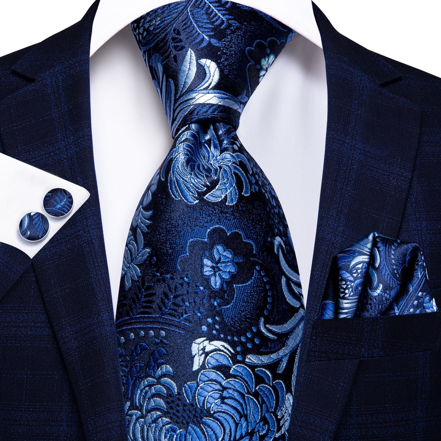 Men's Wedding Blue Floral Necktie Handkerchief Cufflinks Set